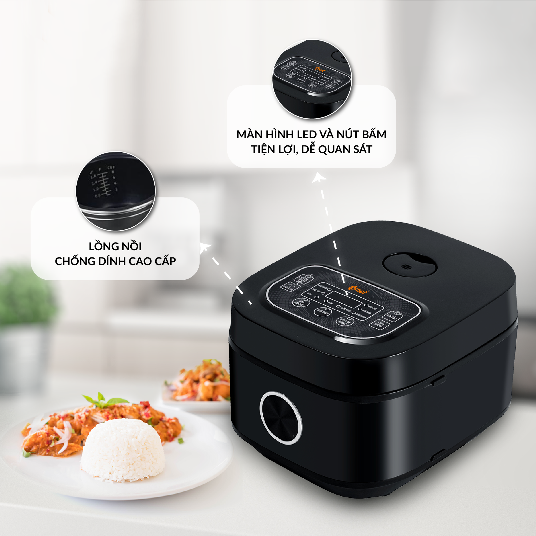 Nồi Cơm Điện Tử Comet CM8085 – Hàng chính hãng - Dung Tích 1.2L, Gia Nhiệt Nhanh, Chống Dính, Đa Chức Năng