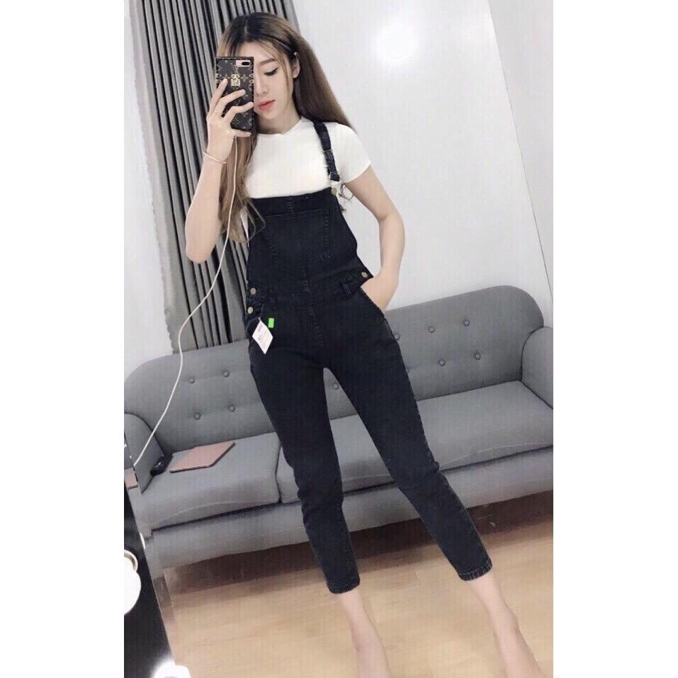 Quần yếm jean nữ đen tuyền