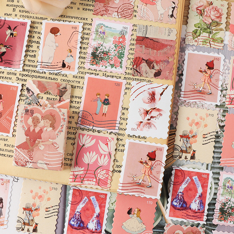 Hộp 46 pcs stickers dạng tem thư kiểu cổ điển vintage dùng để trang trí sổ tay nhật kí