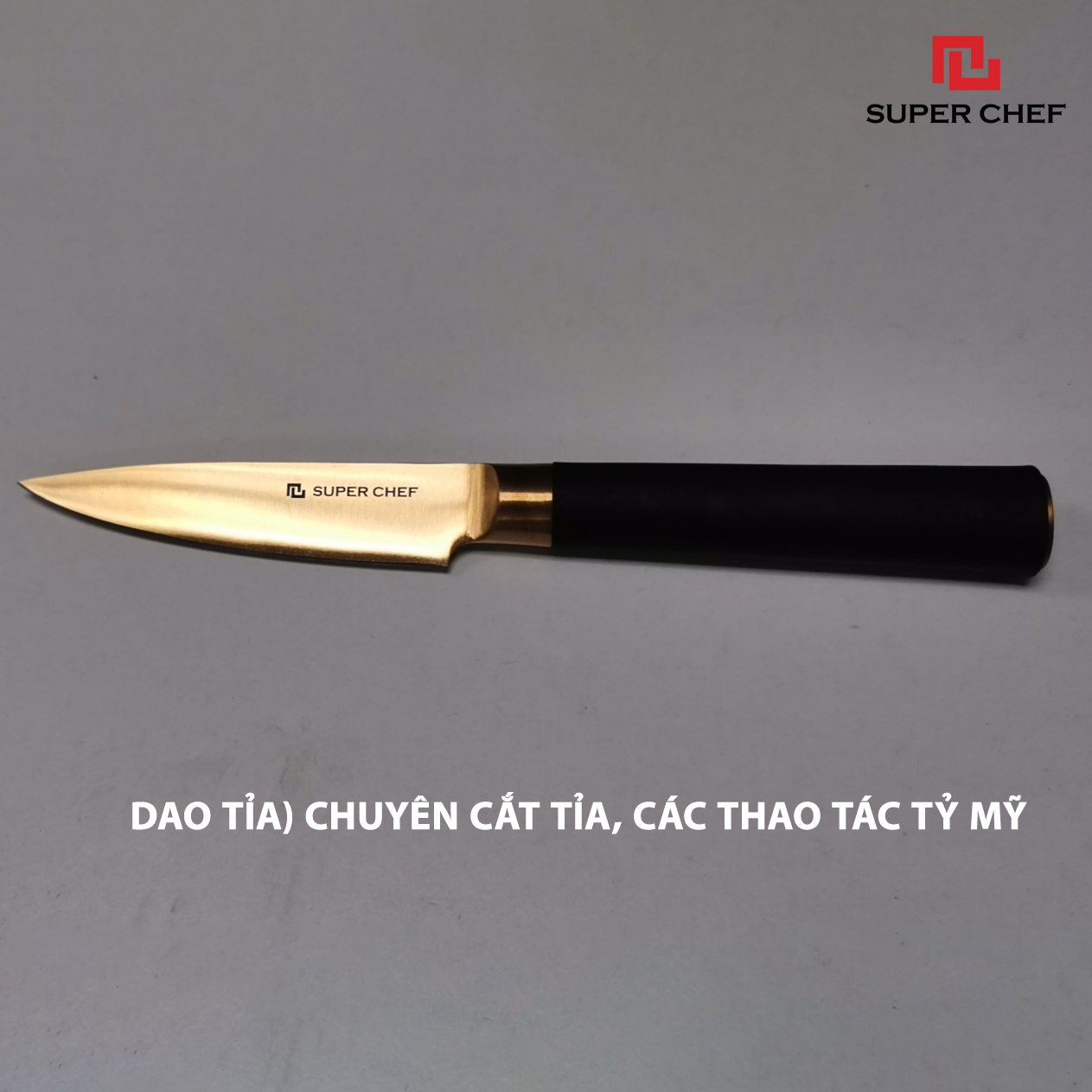 Bộ Dao Bếp Mạ Titan (5 cái) Cao Cấp Chính Hãng Super Chef Bằng Thép Không Gỉ, An Toàn Sức Khỏe, Sắc Bén, Siêu Bền Bỉ Lâu Cùn,Đa Năng Siêu Tiện Lợi Kèm Theo Giá Đỡ Dao Sang Trọng