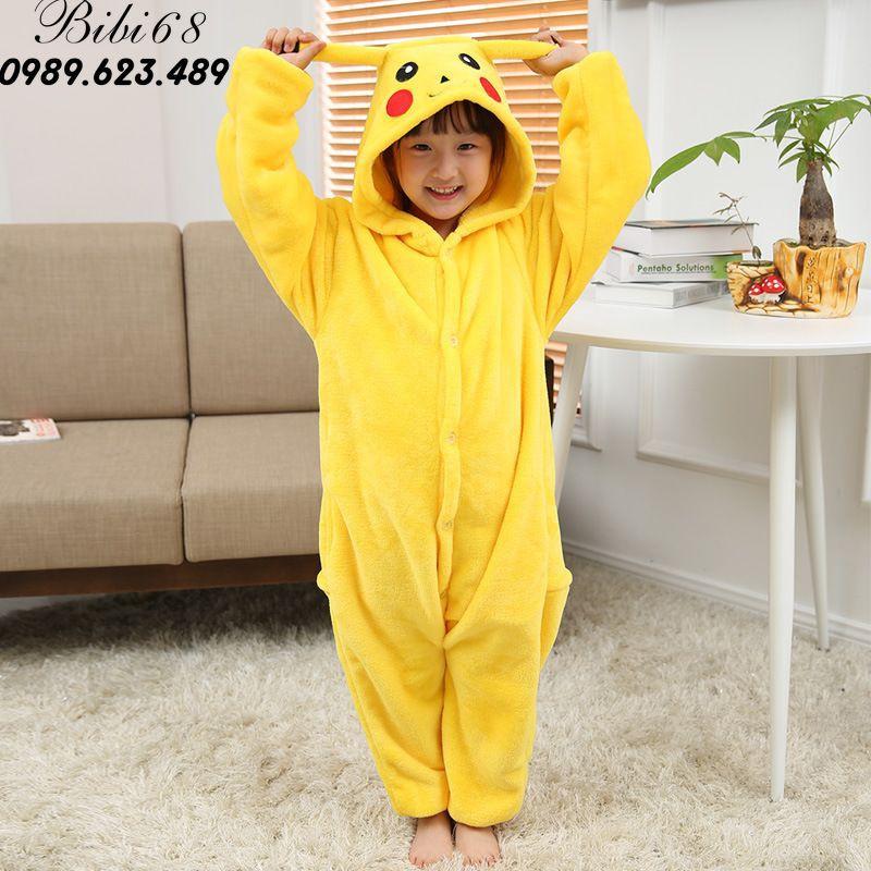 Bộ Đồ hình thú pikachu vàng liền thân lông mịn Pijama Cho Người Lớn và Trẻ Em Hoạt Hình Cosplay