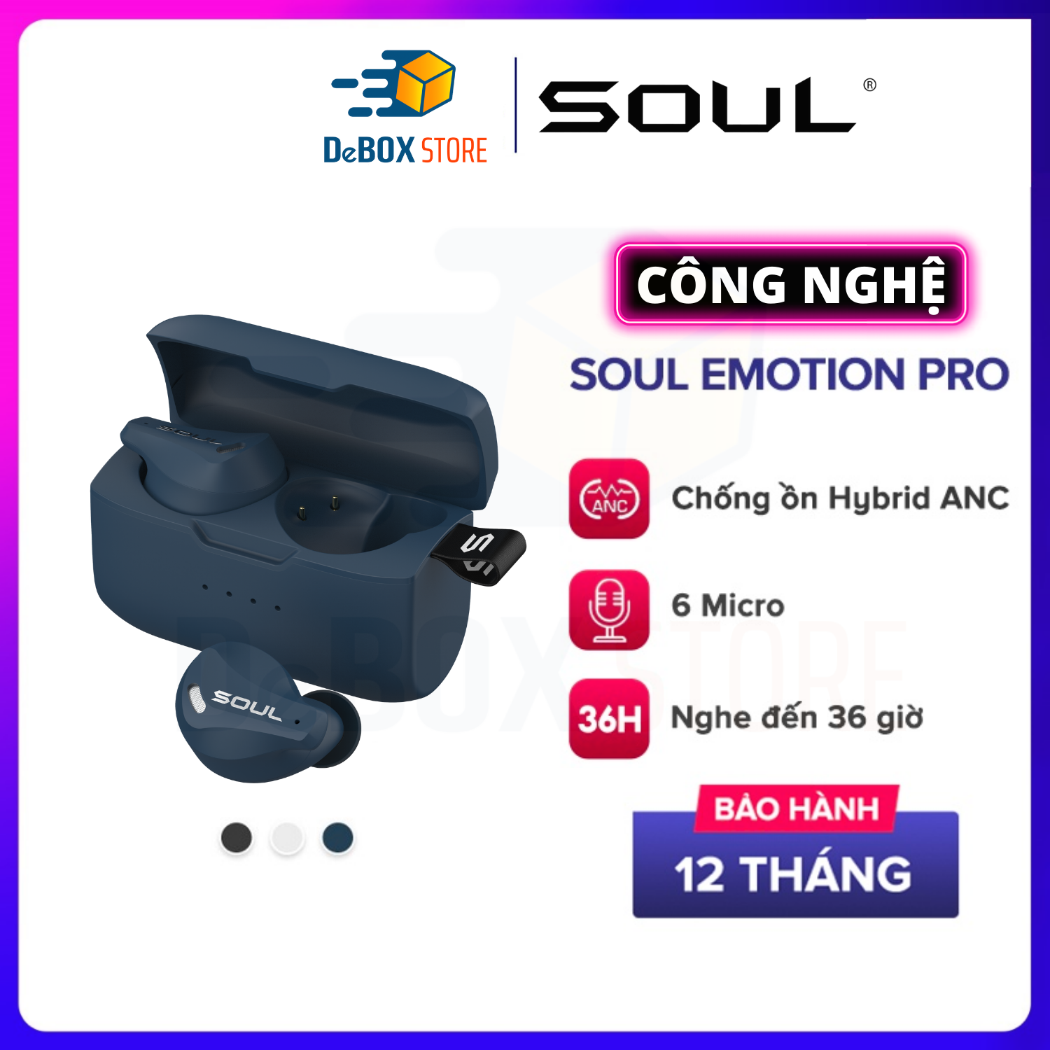 Tai Nghe Bluetooth True Wireless SOUL Emotion Pro, Chống Ồn Hybrid ANC, BT 5.1, Thiết Kế 6 Mics, Nghe Đến 36H, Chống Nước IPX5 - Hàng Chính Hãng