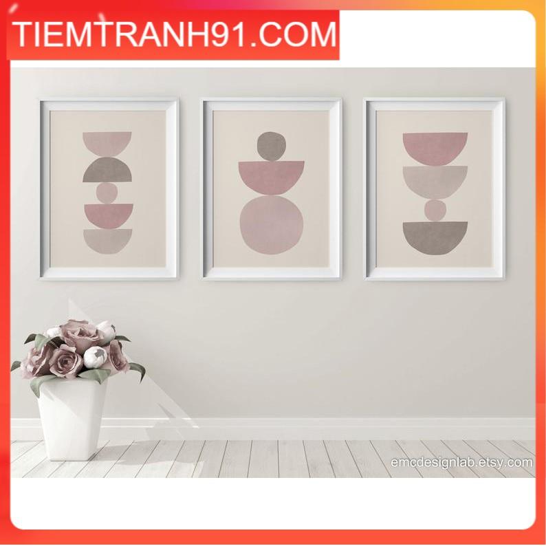 Tranh treo tường Bộ 3 tranh Pink Wall Art, Mauve Beige Pink Dark Blush Print Set, Half Moon