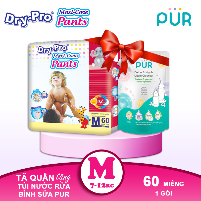 Combo tã/bỉm quần Dry-Pro M60 (7kg-12kg) + tặng Túi nước rửa bình sữa Pur 450ml