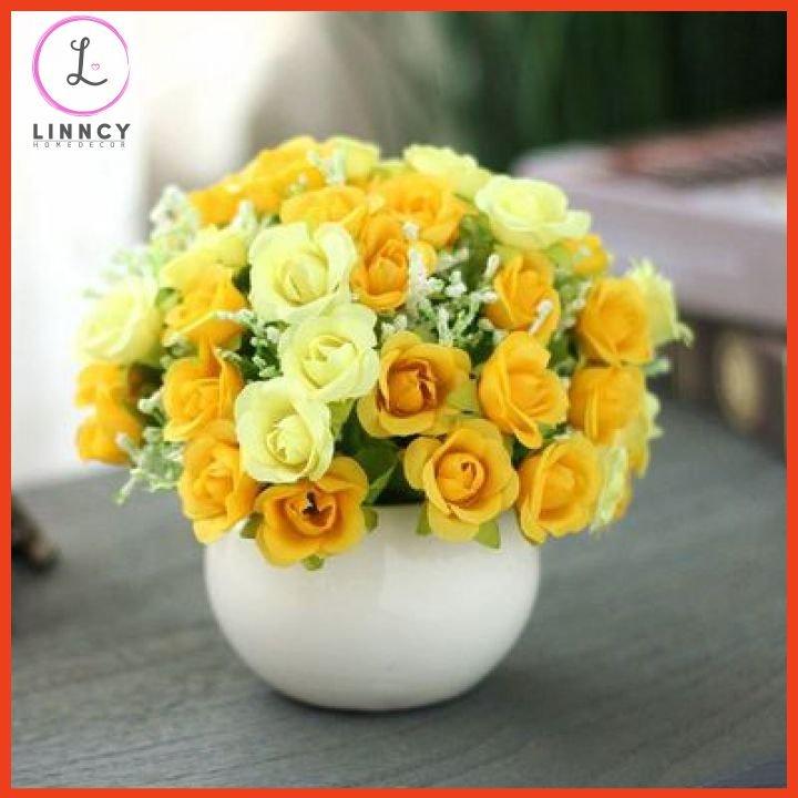 Chậu tròn hoa giả mini cắm sẵn để bàn nhiều mẫu cao 15cm