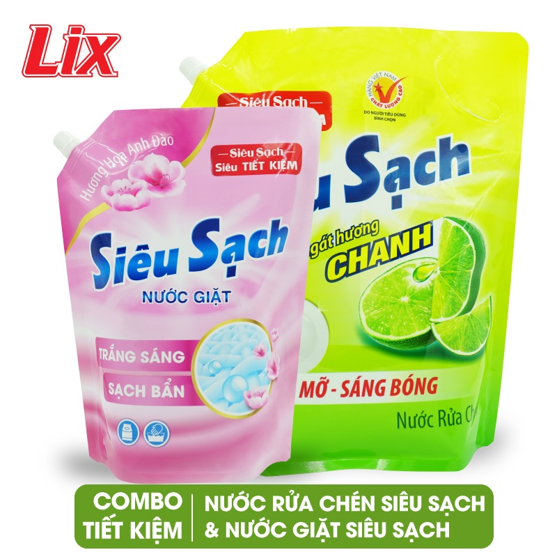 COMBO số 69 gồm Túi nước giặt Lix siêu sạch hương hoa anh đào 2.4kg N2502 + Túi nước rửa chén Lix siêu sạch hương chanh 3.5kg N4301