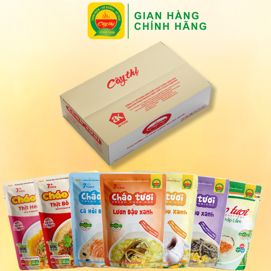 Thùng 35 Gói - 7 Vị Cháo Tươi Cây Thị: Gà Ác Đậu Xanh, Cá Hồi, Cá Lóc, Lươn Đậu Xanh, Thịt Bò, Rau Củ, Thịt Heo