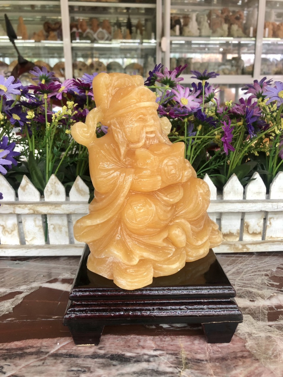Tượng ông Thần Tài kim tiền, thần phát, thần tiền cầm thỏi vàng phong thủy đá ngọc hoàng long đặt bàn thờ thần tài - Cao 15 cm