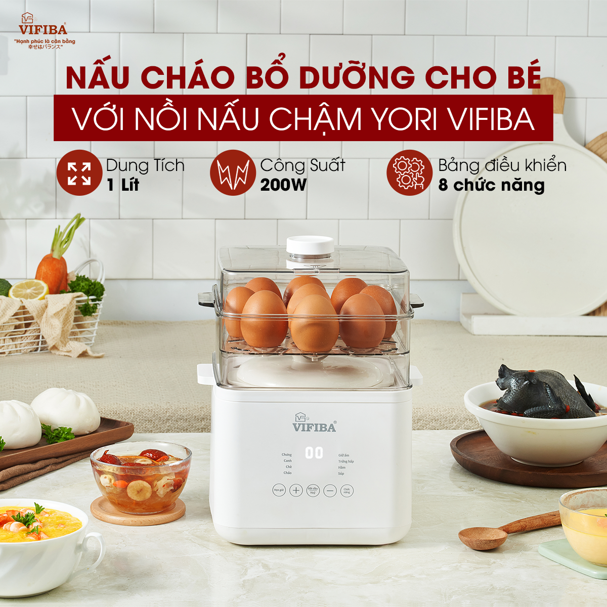 Nồi Nấu Chậm Đa Năng VIFIBA Kèm Hấp Hàng Chính Hãng, 8 Chức Năng Nấu, Nồi Cho Bé Ăn Dặm, Nấu Cháo, Hầm, Hấp,....