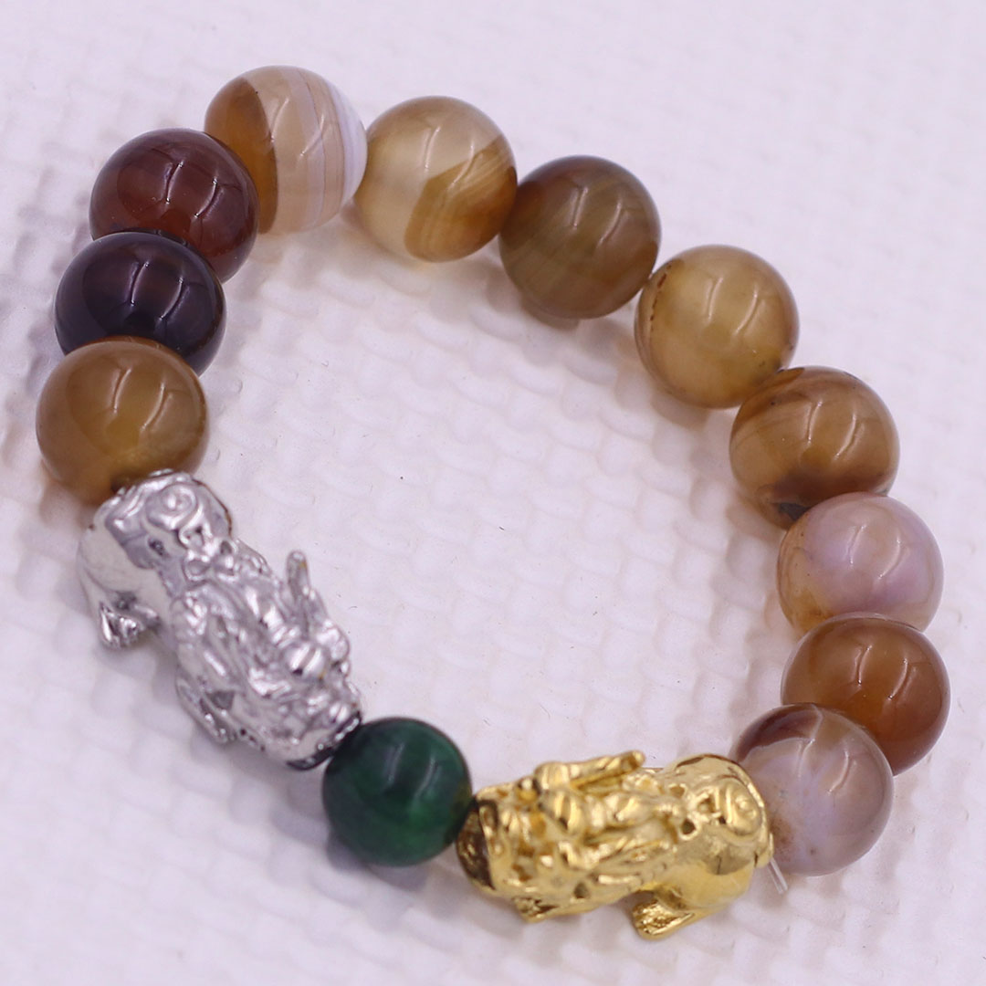 Vòng chuỗi đeo tay mã não nâu sọc 12 ly charm tỳ hưu đôi inox trắng và vàng, vòng chuỗi phong thủy, charm tỳ hưu, vòng tay hạt chuỗi