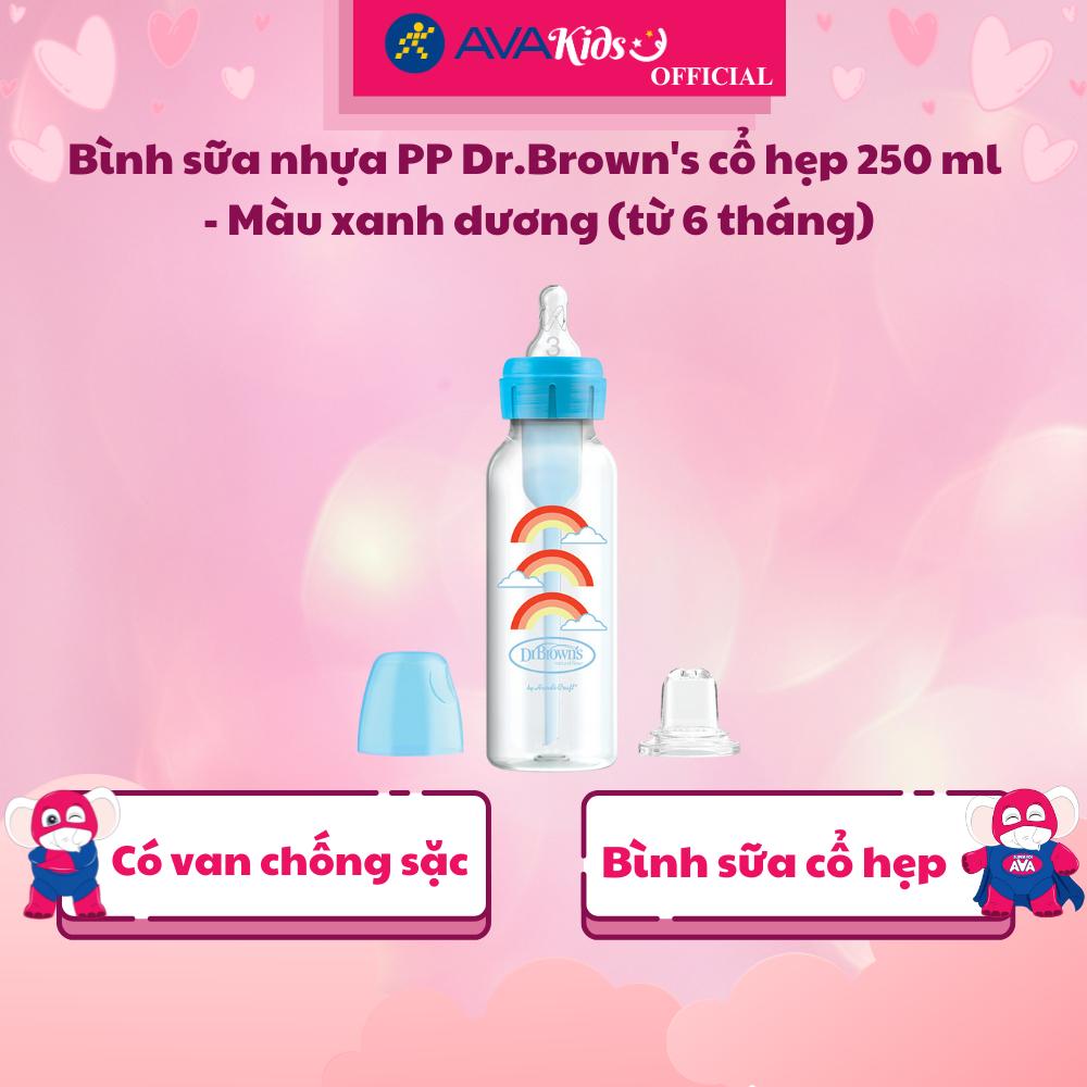 Bình sữa nhựa PP Dr.Brown's cổ hẹp 250 ml - Màu xanh dương (từ 6 tháng) - Hàng Chính Hãng