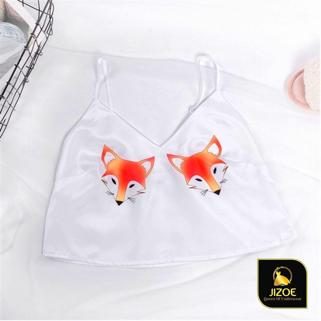 Bộ đồ ngủ nữ dễ thương quần cộc áo hai dây Croptop họa tiết cáo nhỏ đáng yêu chât liệu Satin cao cấp JIZOE BAN03