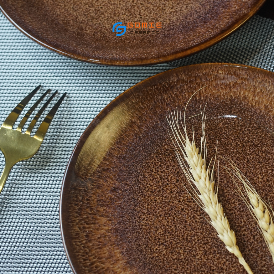 Đĩa tròn men nâu tuyết hỏa biến cao cấp GOMIE BÁT  TRÀNG chuyên dùng cho nhà hàng, khách sạn 5 sao