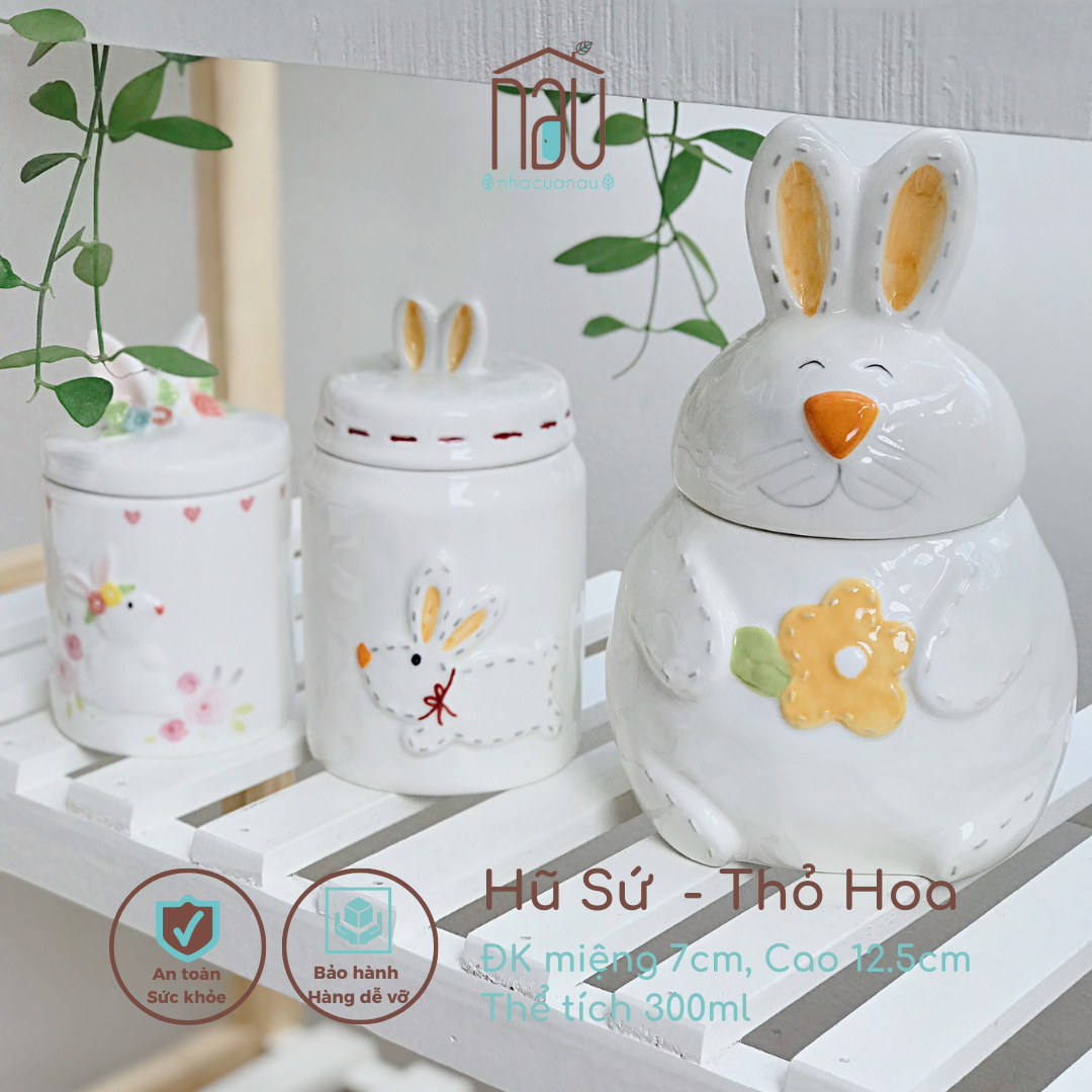 Hũ sứ Thỏ béo siêu xinh, nắp có gioăng cao su kín khít để đựng đường, muối, gia vị, hạt dinh dưỡng, cafe