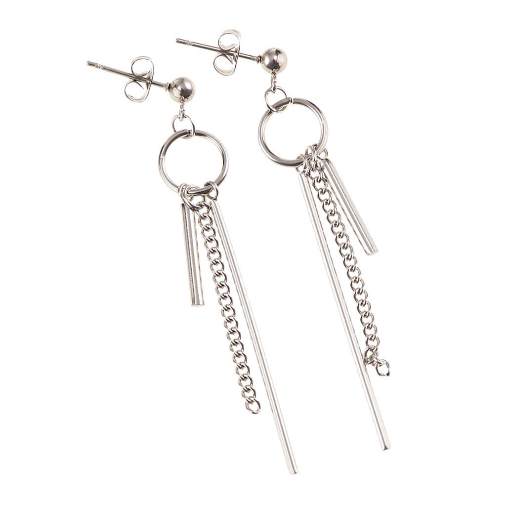 Stainless Steel Long Bar Chain Earrings Ring Loop Ear Clip