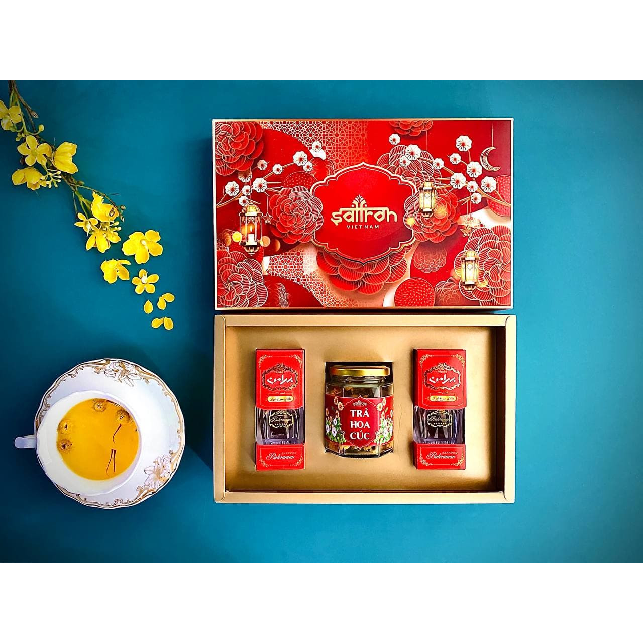 Set quà Tết nhụy hoa nghệ tây Saffron Bahraman 2 hộp 1Gram/hộp Tặng Hoa Cúc 10 Gram