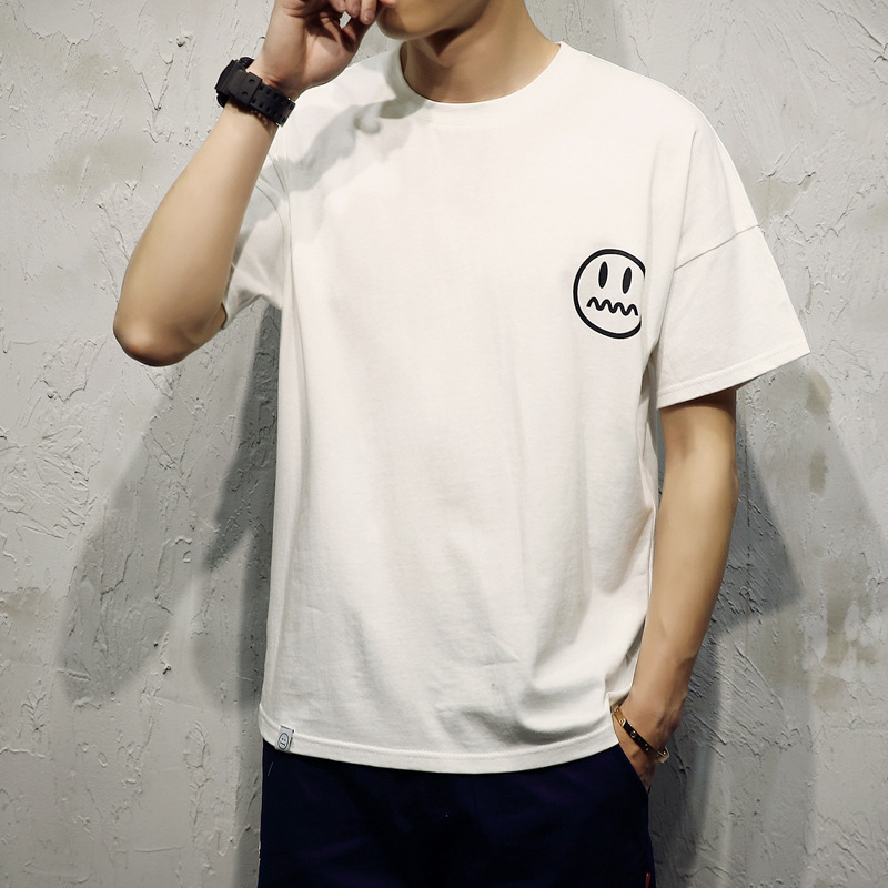 Áo T-shirt nam, cộc tay, họa tiết in hoa, họa tiết hình mặt cười, phong cách Hàn Quốc, phù hợp cho mùa hè TA17