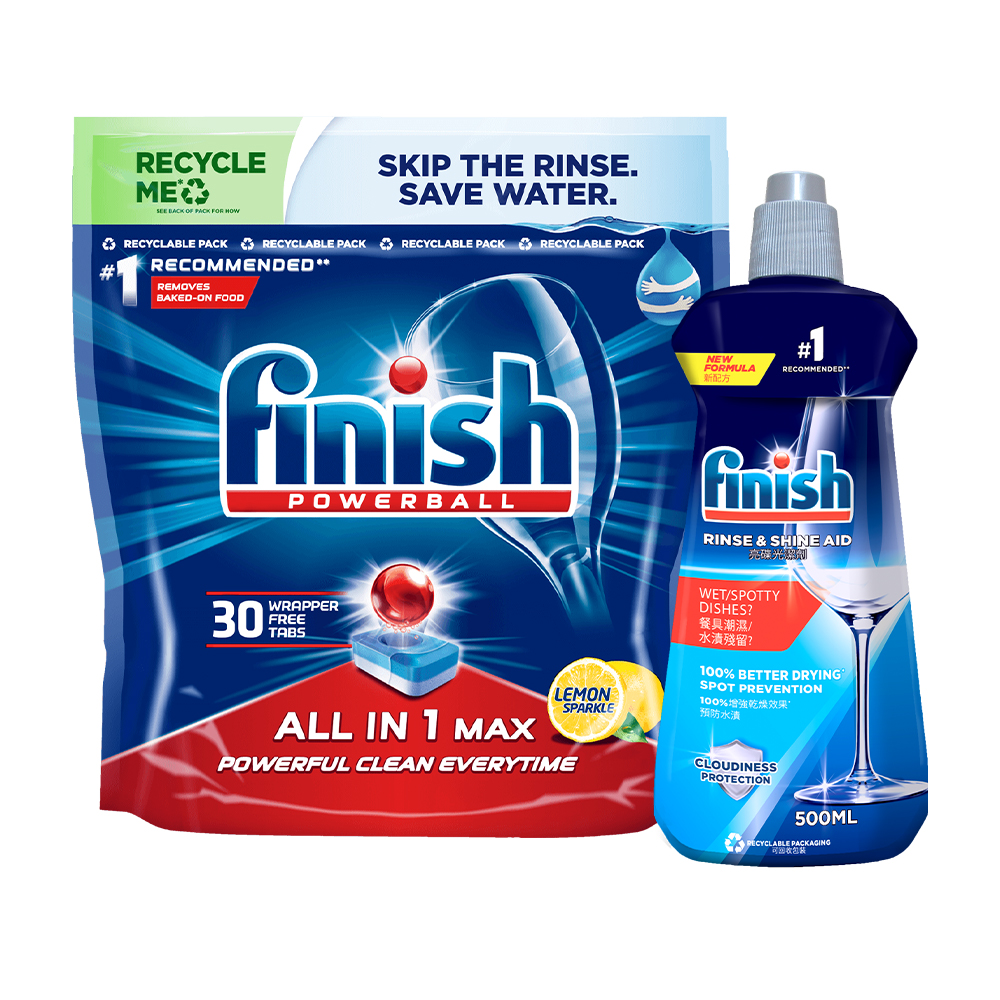 Combo 1 Cho Người Mới Bắt Đầu: Túi 30 Viên Nước Rửa Bát All In One Max + Nước Làm Bóng Rinse &amp; Shine Aid