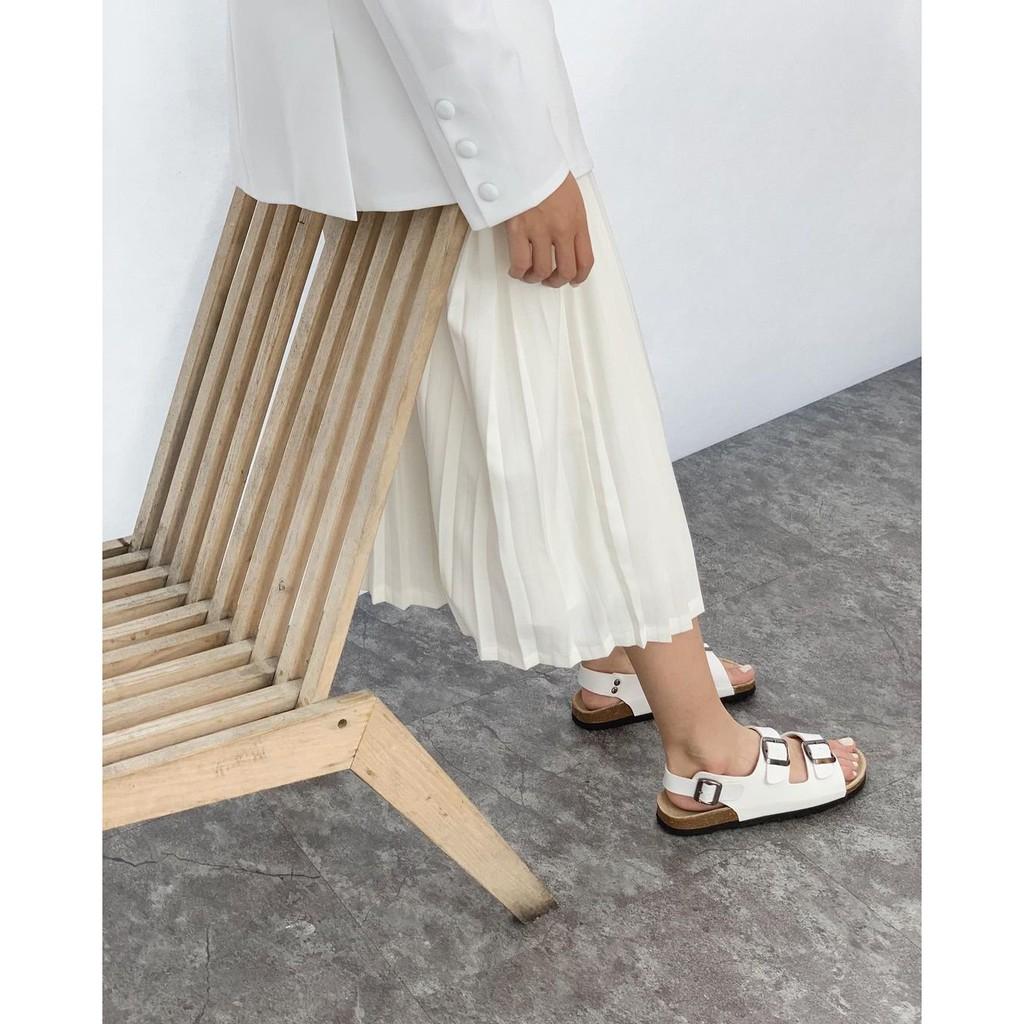 Giày Sandal nữ HuuCuong 2 khóa trắng đế trấu handmade