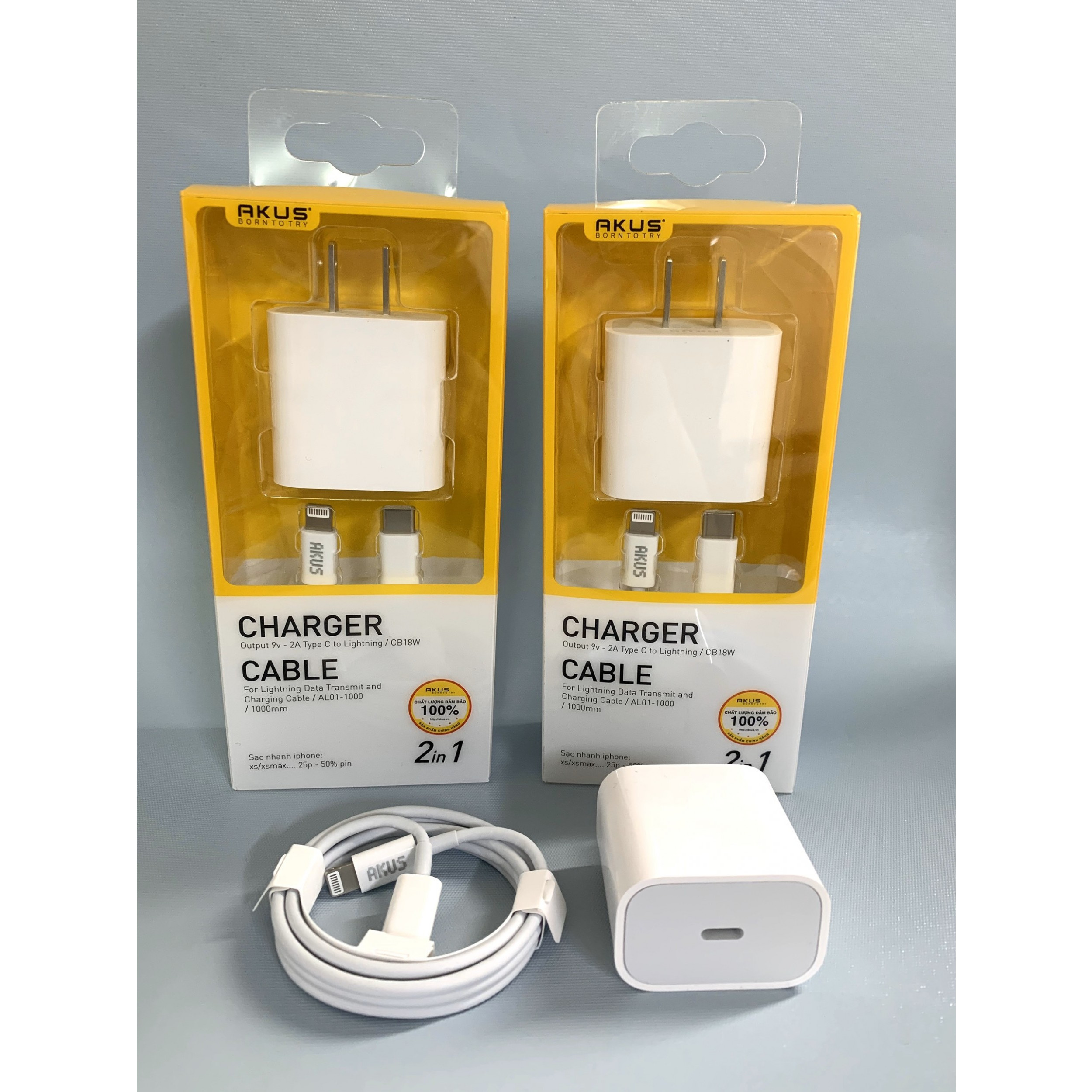 Combo bộ cáp sạc AKUS Iphone 11 CB18W đầu Type C to Lightning - hàng chính hãng