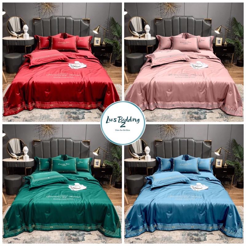 Bộ Chăn Trần Ga Và Gối Phi Lụa DreamCity Home Thêu 3 Sọc Tiện Lợi Cho Mùa Hè Thu ,Có Đủ Kích Thước Gường