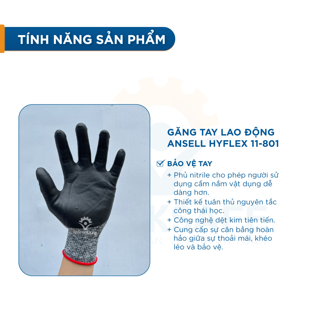 Găng tay đa dụng Ansell Hyflex 11-801, bao tay phủ Nitrile dầy, ôm khít tay, chống bám dầu mỡ, găng tay lao động đa năng - Thinksafe