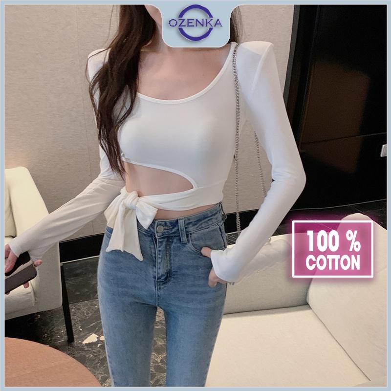 Áo croptop nữ tay dài hở eo gợi cảm OZENKA , áo crt kiểu cổ vuông ôm body buộc nơ sang chảnh đen trắng dưới 55 kg