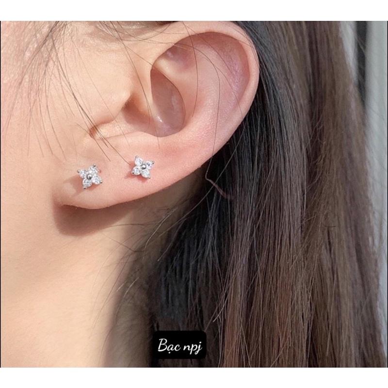 Bông tai Hoa nhí 4 cánh đá trắng , Hoa Tai nữ Bạc Ta ️ Cá tính ️ - Bạc Npj