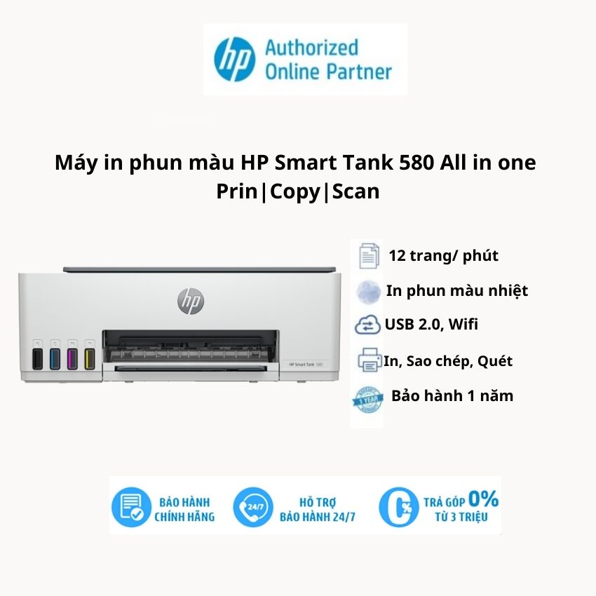 Máy in phun màu HP Smart Tank 580 All In One ( 1F3Y2A ) Print | Copy | Scan. Hàng chính hãng.