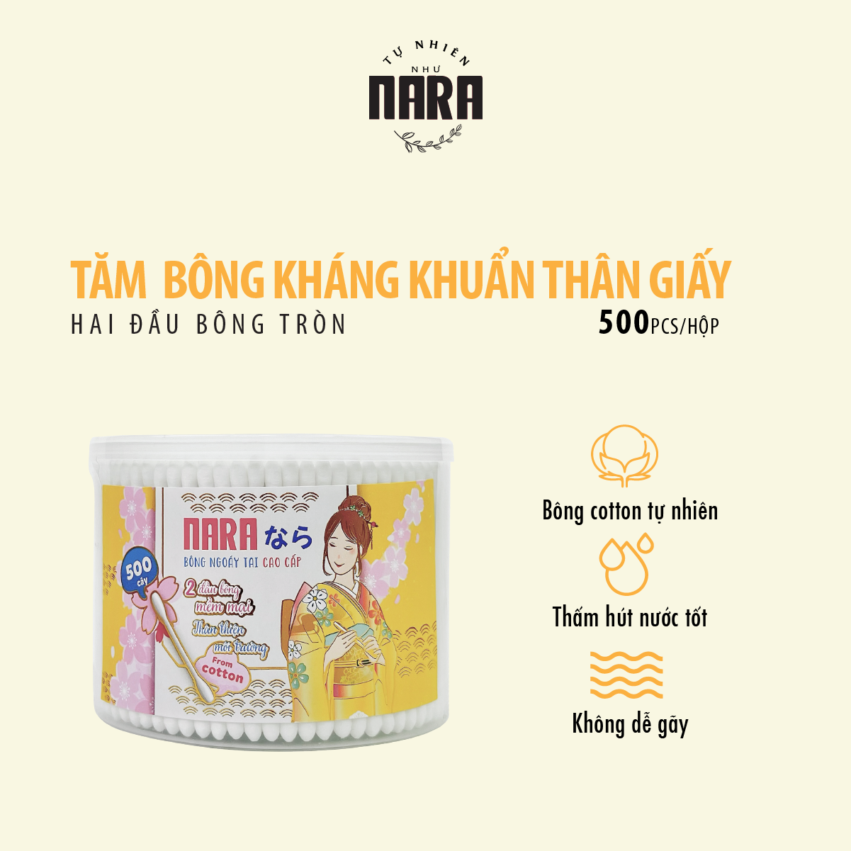 Tăm bông Nara kháng khuẩn màu vàng hộp 500 cái