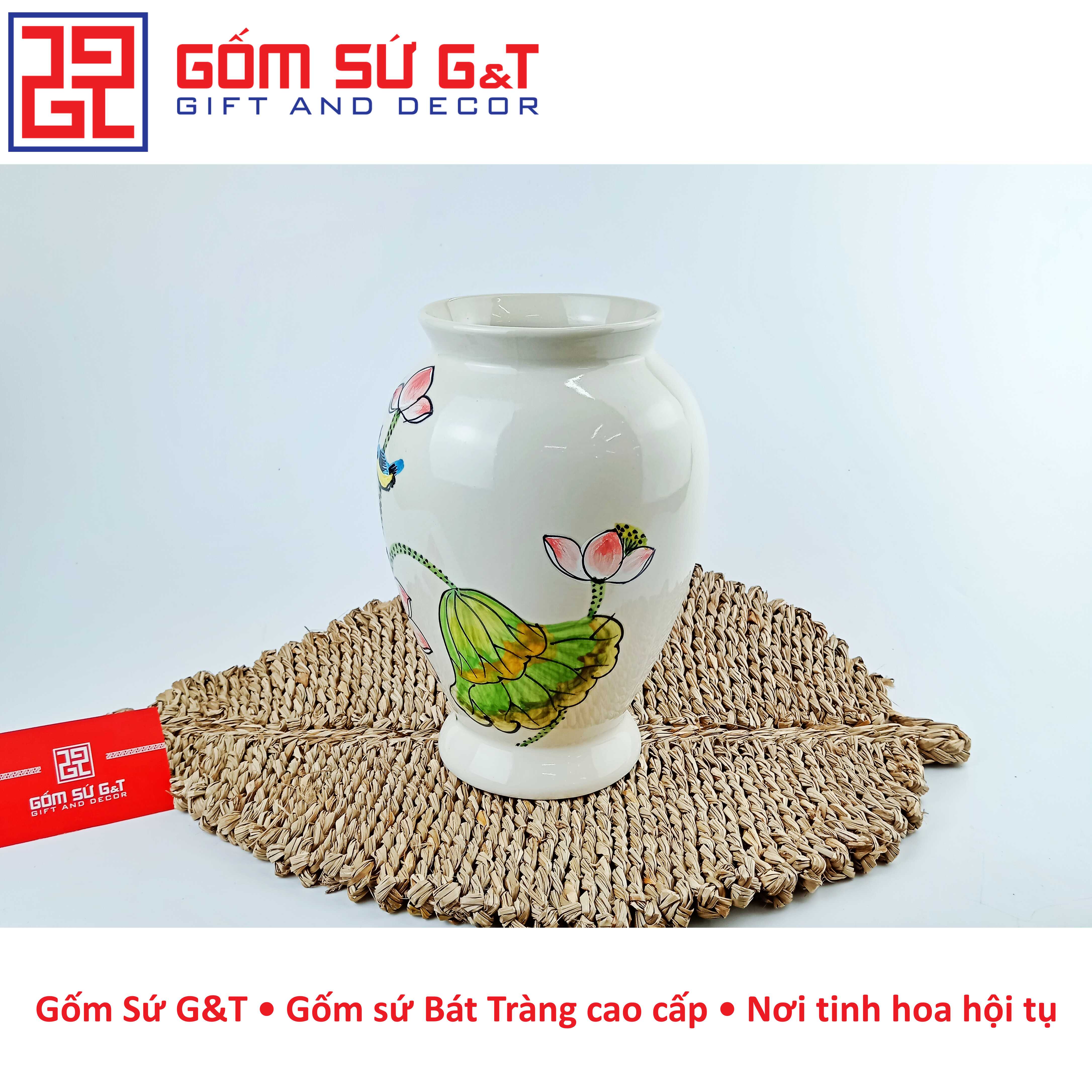 Lọ hoa dáng đùi dế vẽ sen hồng Gốm Sứ G&amp;T