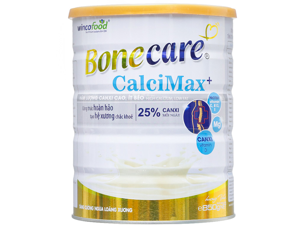 Sữa bột Wincofood Bonecare Calcimax+ 850g dành cho người từ 18 tuổi trở lên bổ sung canxi - Collagen và đường Isomalt phòng ngừa loãng xương, giúp chống lão hóa đẹp da và ngừa tiểu đường.