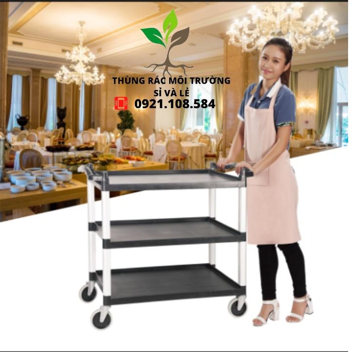 Xe đẩy dọn thức ăn, bát đũa 3 tầng bằng nhựa, có 4 bánh xe XÁM XANH,ĐEN