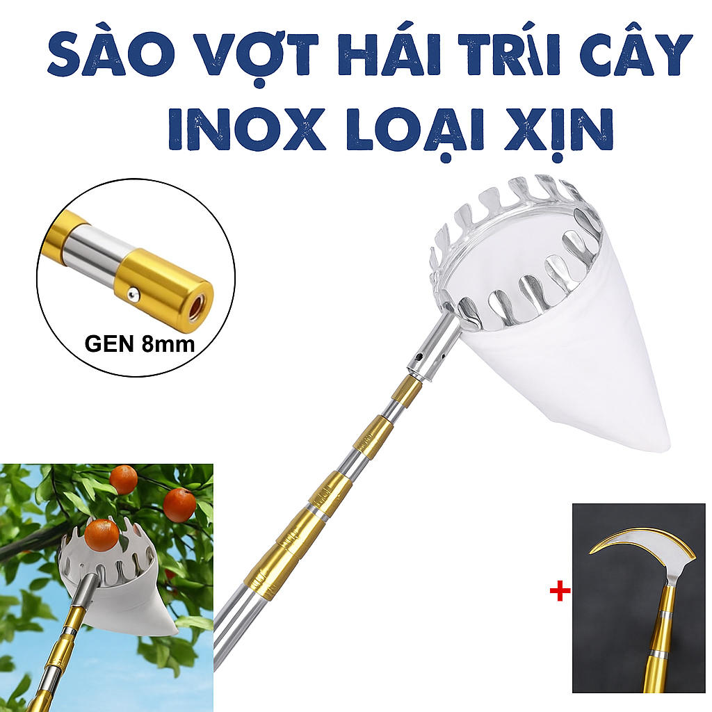 Sào Vợt Inox Hái Trái Cây Trên Cao – 6M Rút Dài, Độ Bền Cao Kèm 4 Phụ Kiện Loại 1