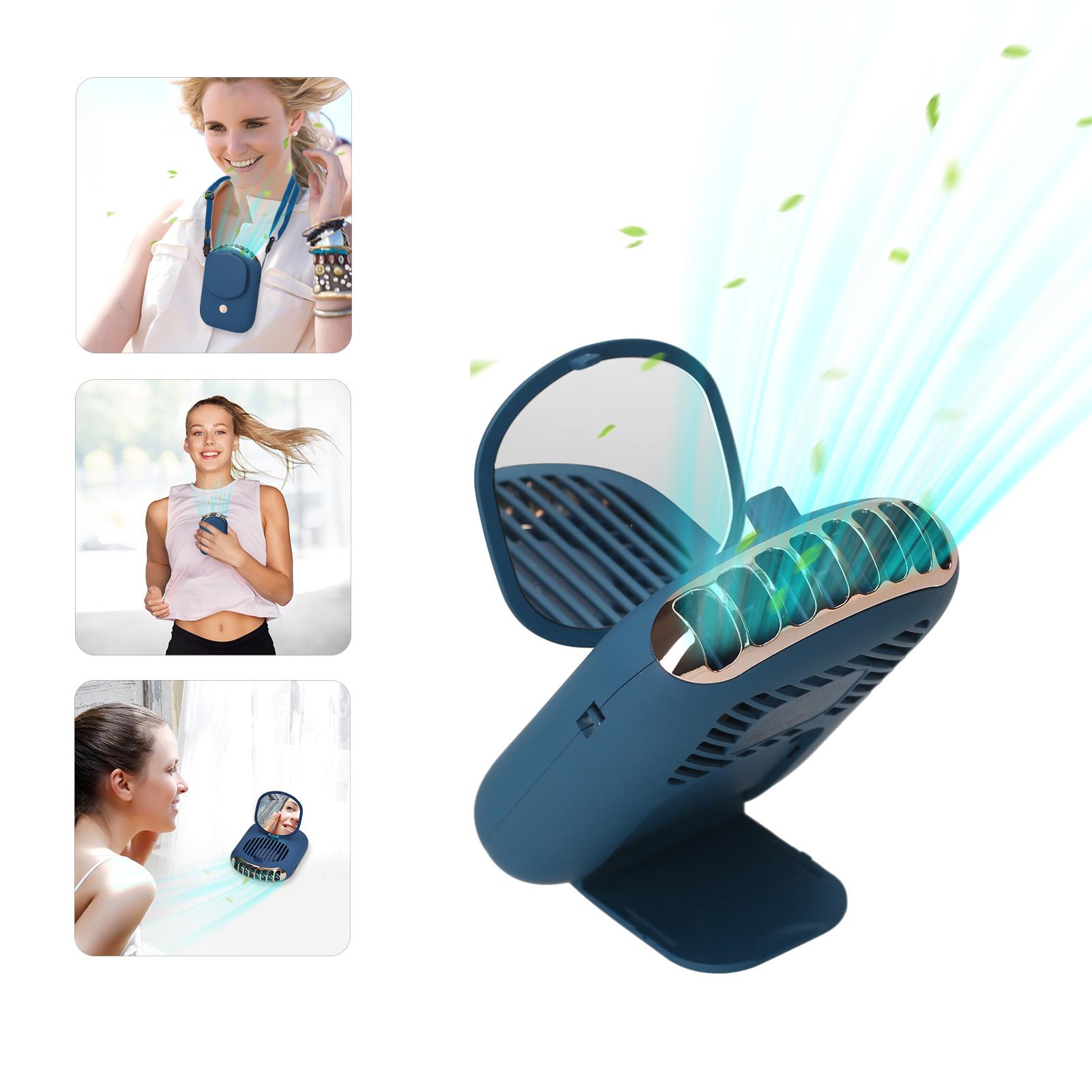 Quạt đeo cổ mini có gương không cánh rãnh tay thẩm mỹ có thể sạc lại