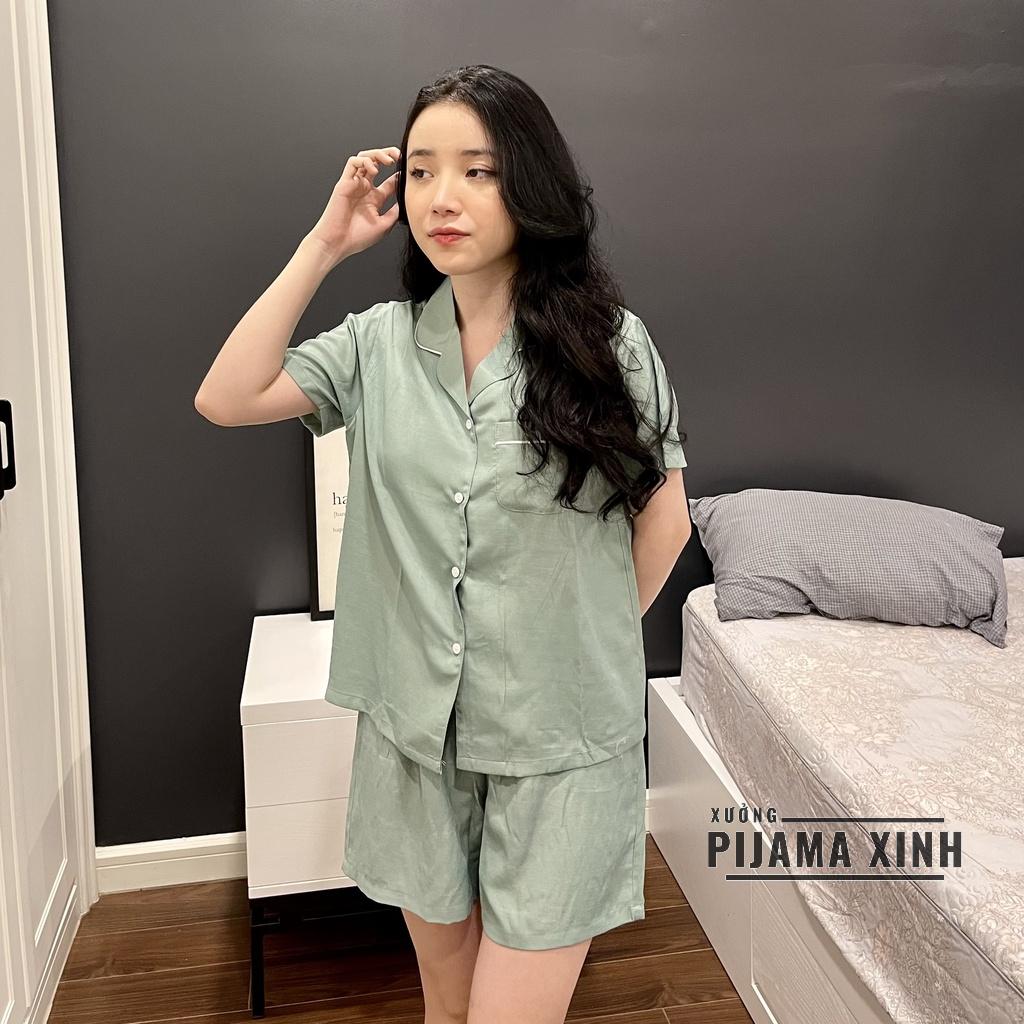 BỘ PIJAMA NỮ MẶC NHÀ - Màu Xanh Pastel Chất Lụa Đũi Mềm Đồ Áo Cộc quần Dài