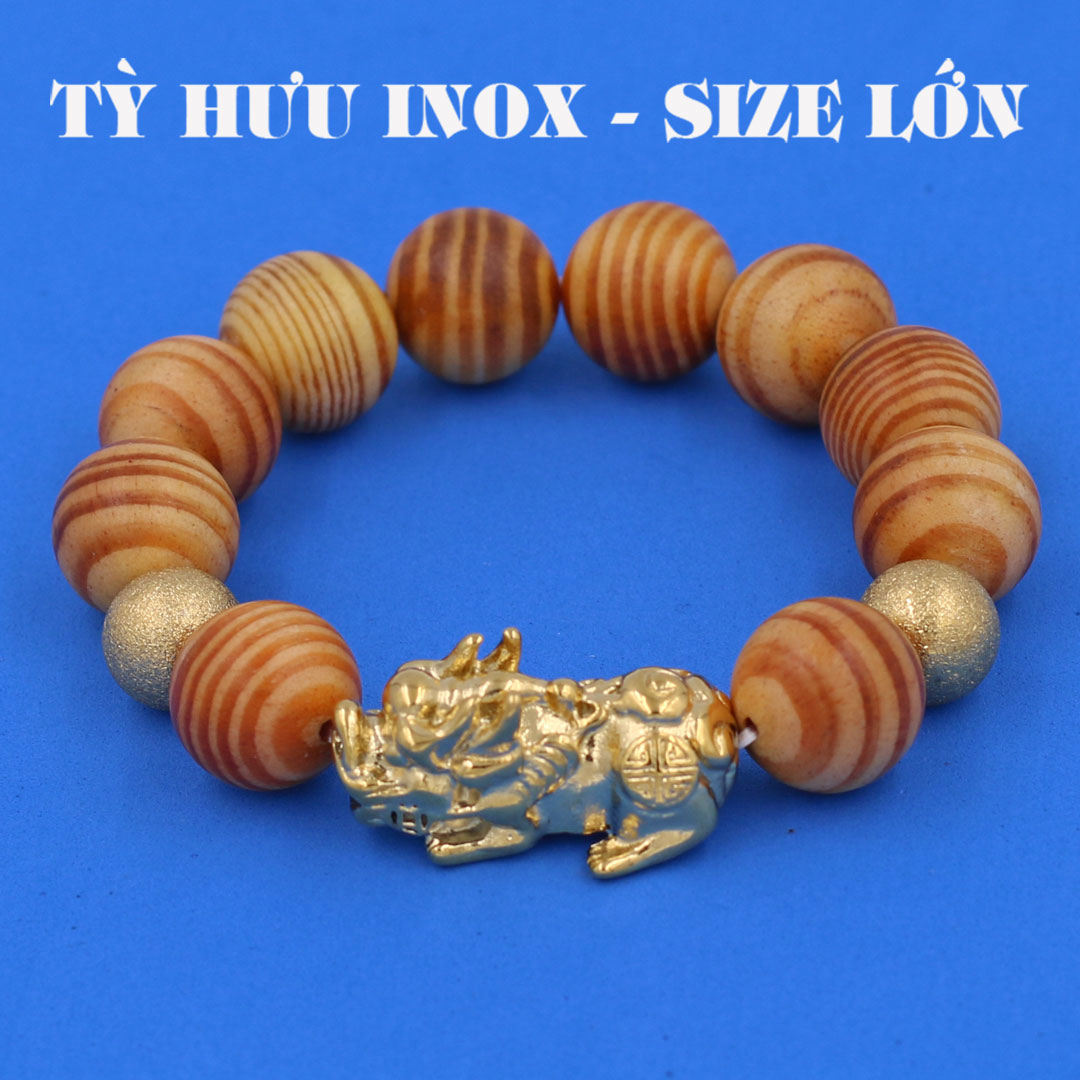 Vòng chuỗi đeo tay gỗ huyết rồng 15 ly charm tỳ hưu và bi inox, vòng tay chuỗi hạt