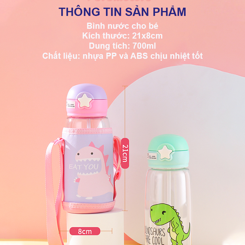 Bình nước cho bé đi học, Bình uống nước cho bé có ống hút 700ml bằng nhựa PP chịu nhiệt tốt tặng kèm túi và dây đeo tiện lợi – BN011