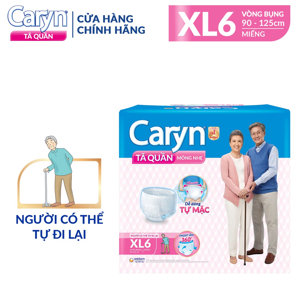 Tã Bỉm Quần Người Lớn Caryn Mỏng Nhẹ Chống Tràn Size XL 6 Miếng/12 Miếng Dành Cho Người Già Có Thể Tự Đi Lại Được