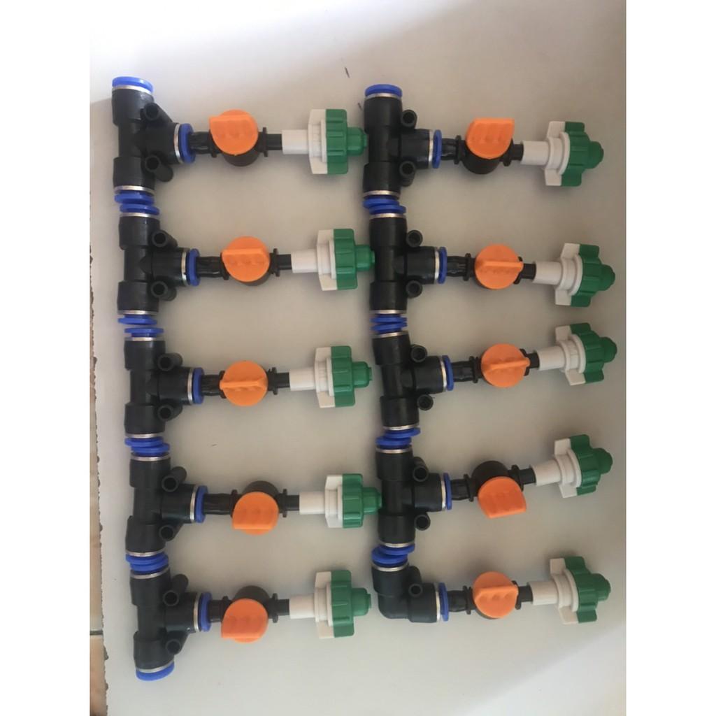 10 Béc phun sương 1 hướng xanh có van khóa kèm T nối ống 8mm