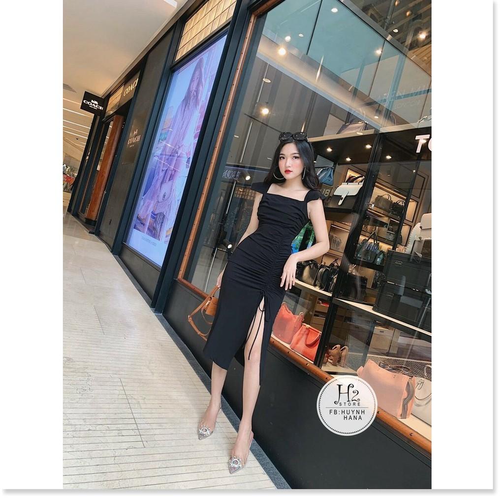 Đầm body cổ vuông nhúng eo xẻ tà