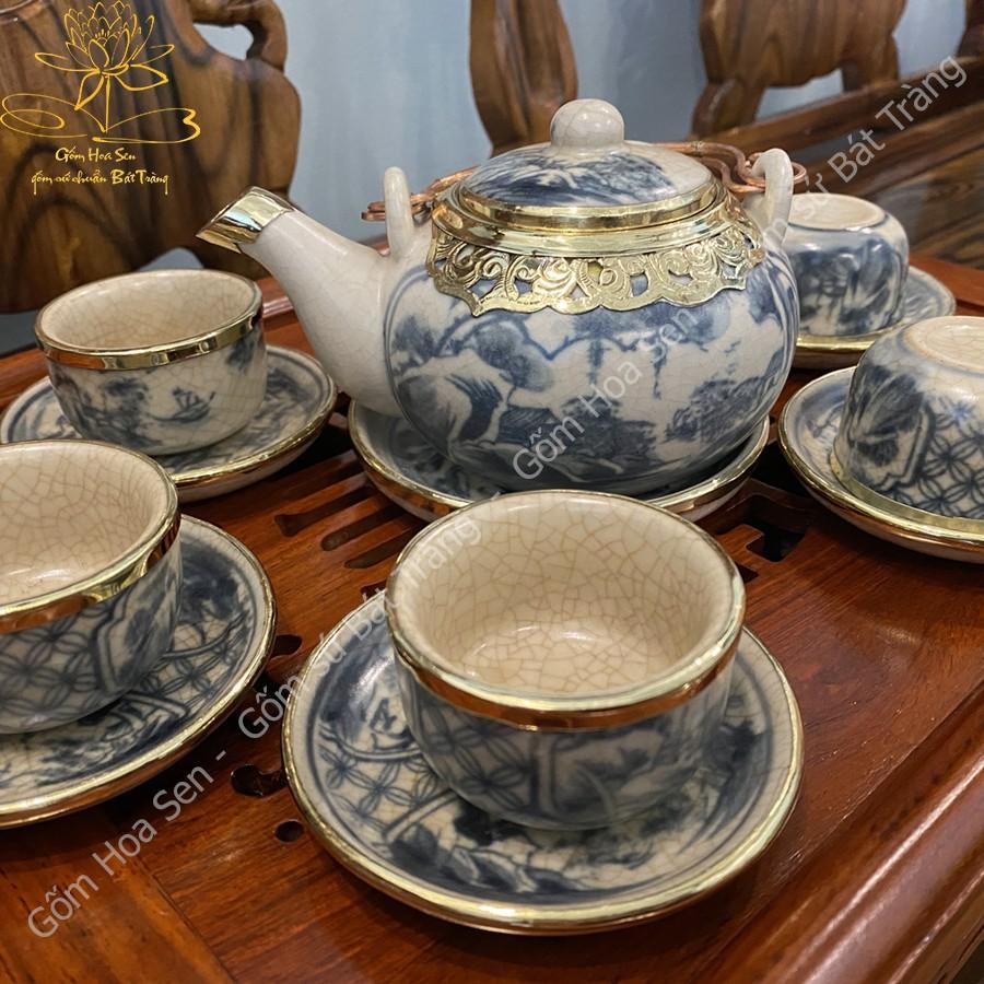 Bộ Ấm Chén Men Rạn Giả Cổ Dáng Nhật Bọc Đồng