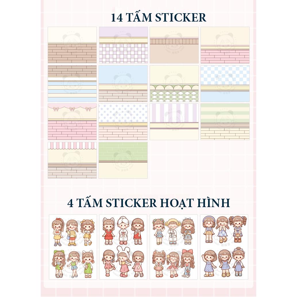 Set Sticker Trang Trí Sổ Tay Hình Cô Gái Hoạt Hình Dễ Thương - Tặng bút khắc sticker