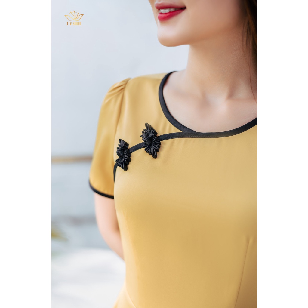 Maxi thời trang trung niên thiết kế Cổ tròn tay ngắn TTV Store TTV1177 Vàng sang trọng