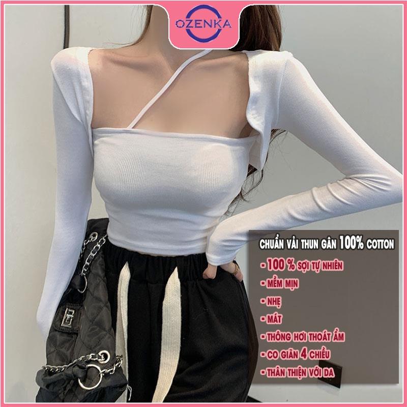 Áo khoác croptop sát nách tay dài áo 2 dây OZENKA chất thun gân 100% cotton đen trắng free size dưới 50 kg