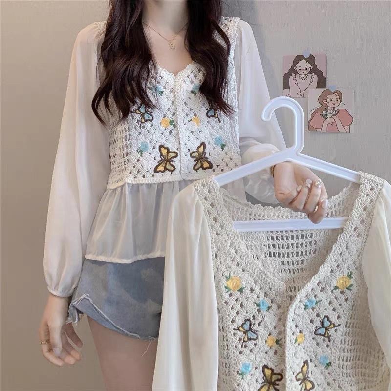 Áo babydoll sợi móc hoạ tiết phối voan tiểu thư