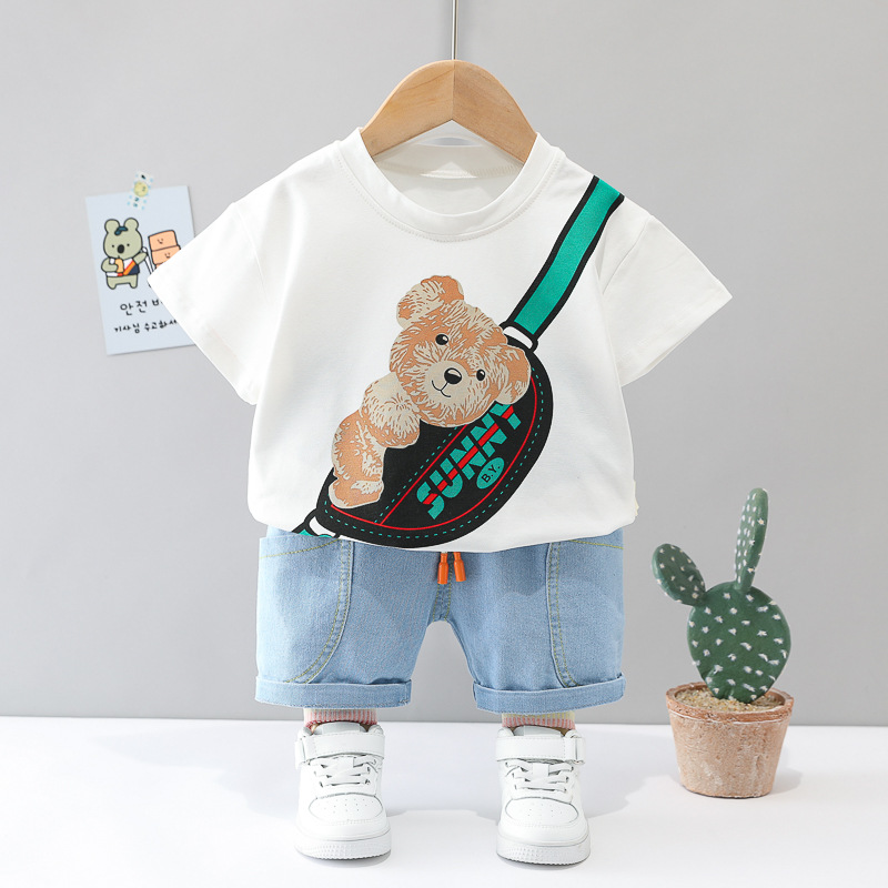 Bộ bé trai hình gấu phong cách Hàn Quốc gồm áo và quần denim - Set quần áo bé trai dễ thương từ 9-18kg