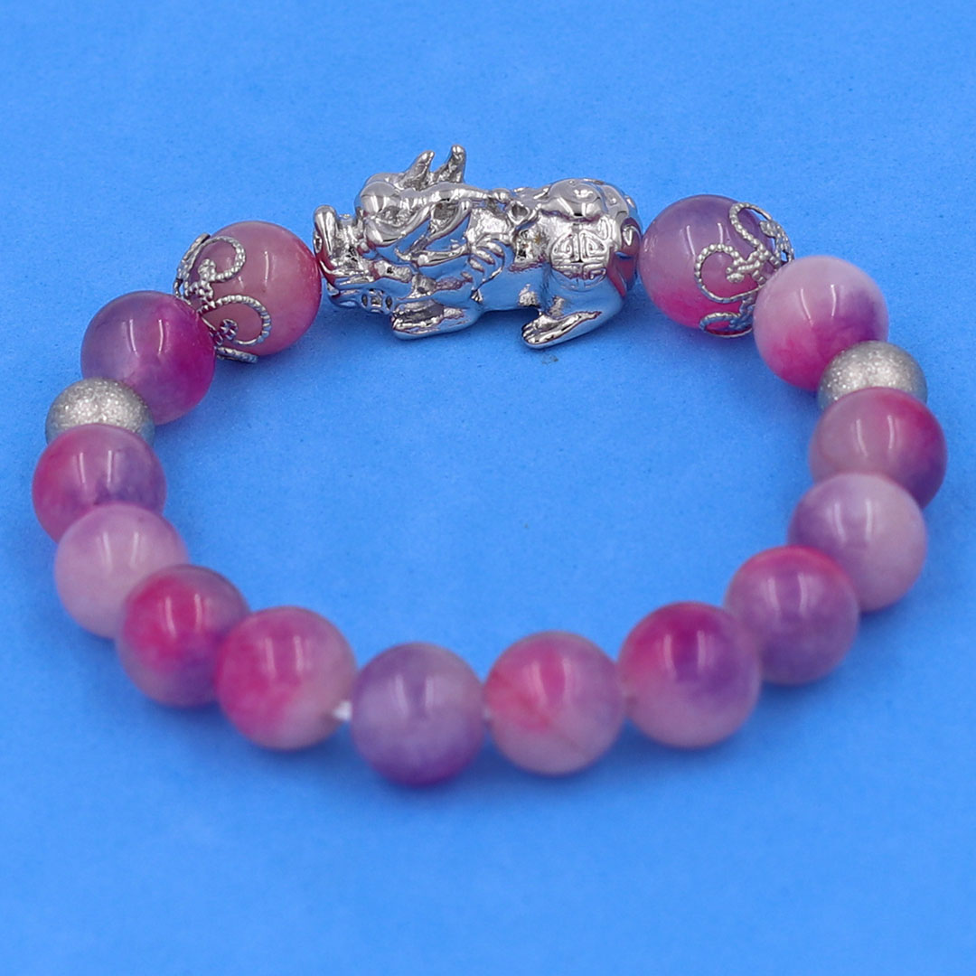 Vòng chuỗi đeo tay đá thạch anh hồng tím 10 ly charm tỳ hưu inox, bi inox, khía bông inox, vòng tay phong thuỷ, vòng tay tỳ hưu