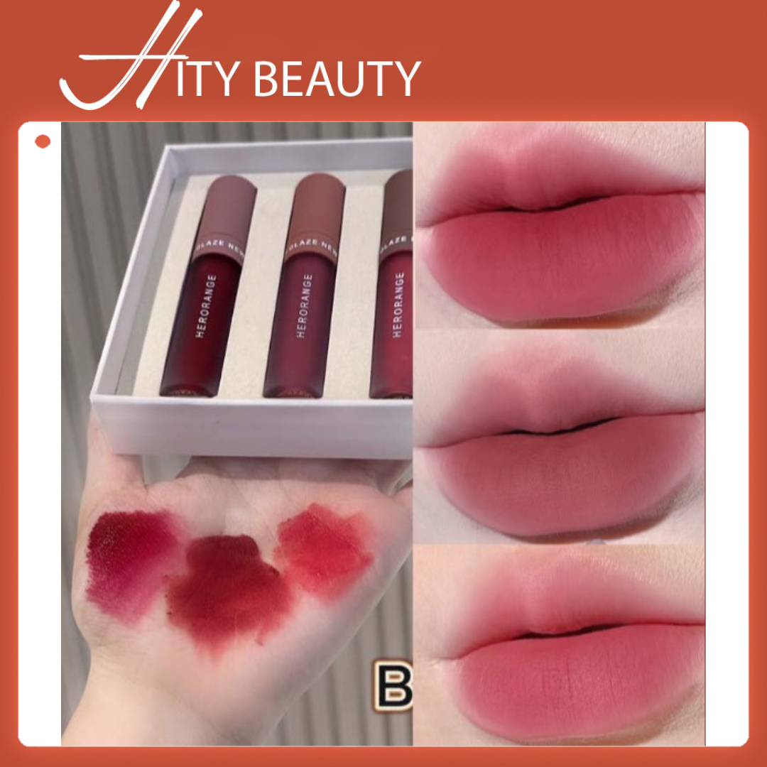 Set 3 cây son lì HERORANGE/VELVET LIP GLAZE THREE COLOR SUIT lâu trôi mịn như nhung - Hity Beauty