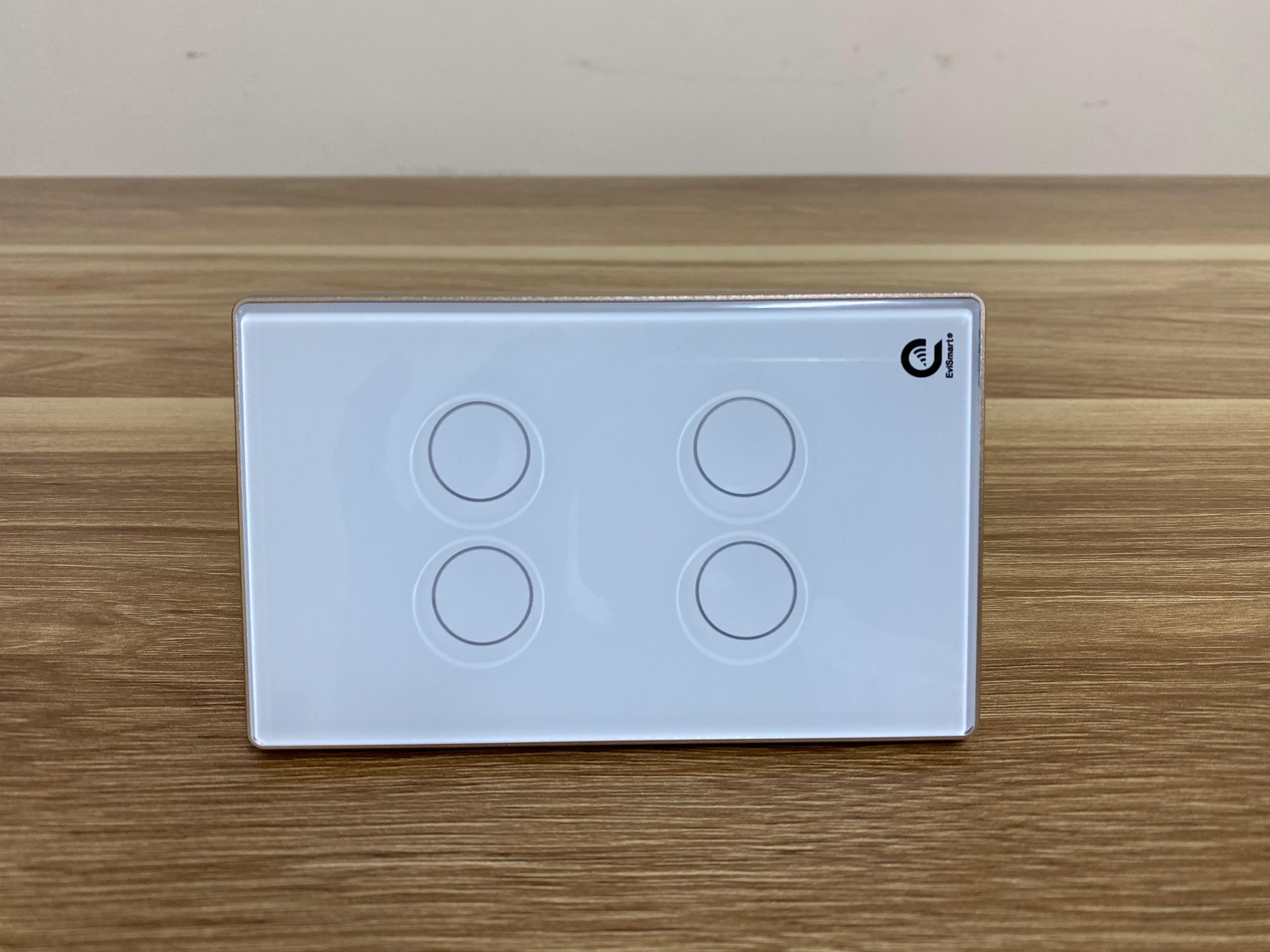 Công tắc cảm ứng thông minh Evismart, mặt kính cường lực viền nhôm, 4 nút bấm, màu trắng hoặc đen, sử dụng sóng zigbee, điều khiển từ xa qua app Tuya - Màu Trắng